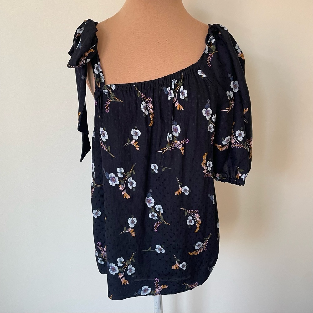Rebecca Taylor Silk Floral Dot Blue One Shoulder Tie Strap Short Sleeve Top Sz 6